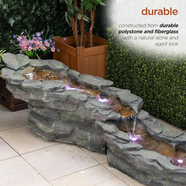Alpine Corporation - 19 in. Tall Outdoor Tiering Rocky River Stream Water Fountain with LED Lights