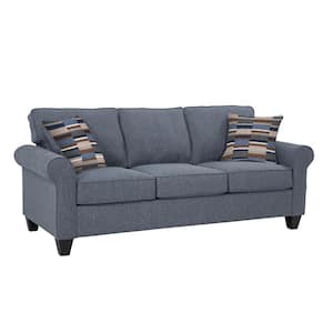 Eureka Collection 82 in. Wide Rolled Arm Fabric Rectangle Sofa with 2-Throw Pillows in Blue