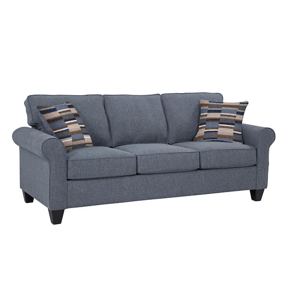 American Furniture Classics Eureka Collection 82 in. Wide Rolled Arm Fabric Rectangle Sofa with 2-Throw Pillows in Blue