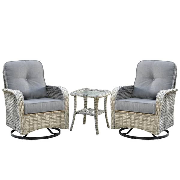 Clara 3-Piece Wicker Outdoor Patio Conversation Swivel Chair Set with a Side Table and Dark Grey Cushions