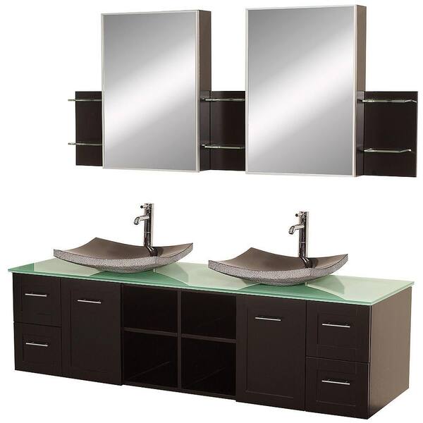 Wyndham Collection Avara 72 in. Vanity in Espresso with Double Basin Glass Vanity Top in Aqua with Black Basins and Medicine Cabinets