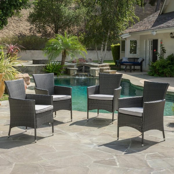 Noble House Malta Gray Removable Cushions Faux Rattan Outdoor Patio Dining Chairs with Light Gray Cushions (4-Set)