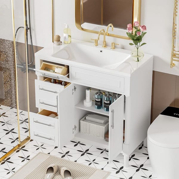 36 in. Single Sink Freestanding White Bath Vanity with White Resin Top and 3 Drawers Storage Door Cabinet Unassembled
