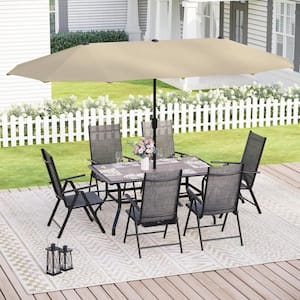 Black 8-Piece Metal Patio Outdoor Dining Set with Umbrella and Grey Folding Reclining Sling Chairs