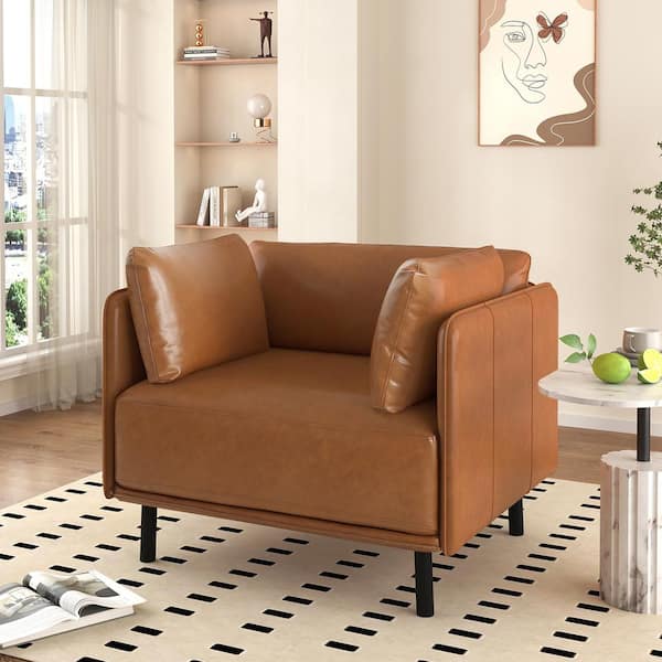 Harper & Bright Designs Brown Faux Leather Upholstered Arm Chair, Accent Chair with Steel Legs, 2-Pillows