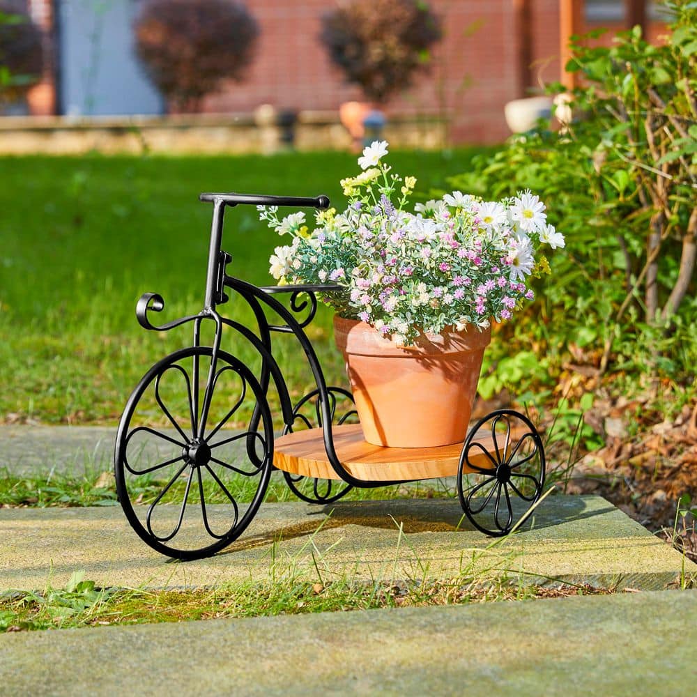 Glitzhome 13 in. H Black Metal Tricycle Planter Stand with Natural