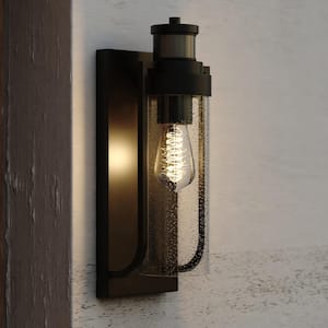 Lawton Steel LED Compatible Black Motion Sensor Dusk to Dawn Outdoor Wall Light Transitional Clear Glass
