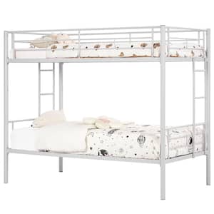Bunk Bed Metal Twin Over Twin, White Bunkbeds with Ladder and Full-Length Guardrail, Noise Free Platform Bed Frame