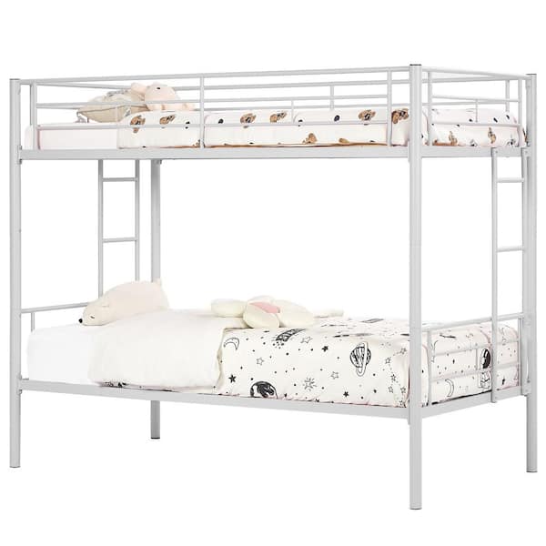VECELO Bunk Bed Metal Twin Over Twin, White Bunkbeds with Ladder and Full-Length Guardrail, Noise Free Platform Bed Frame