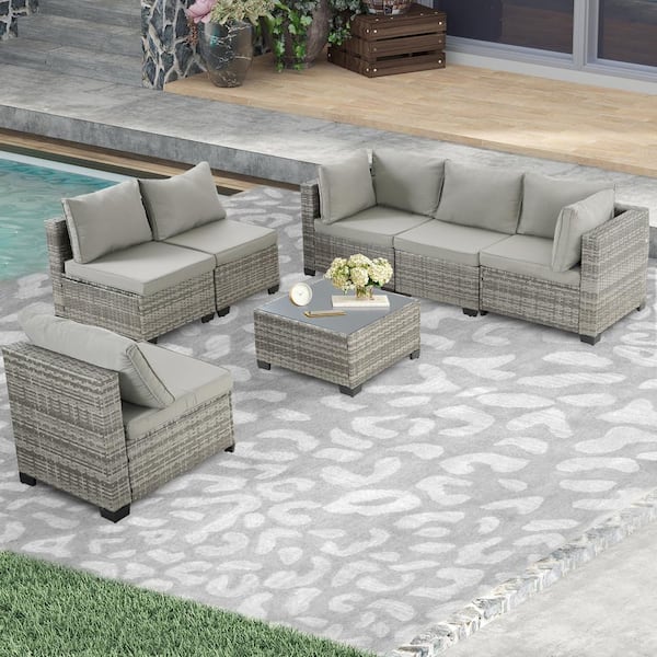 Unbranded 7-Piece Modular Sectional Patio Furniture, Outdoor Wicker Patio Conversation Set with Beige Cushions