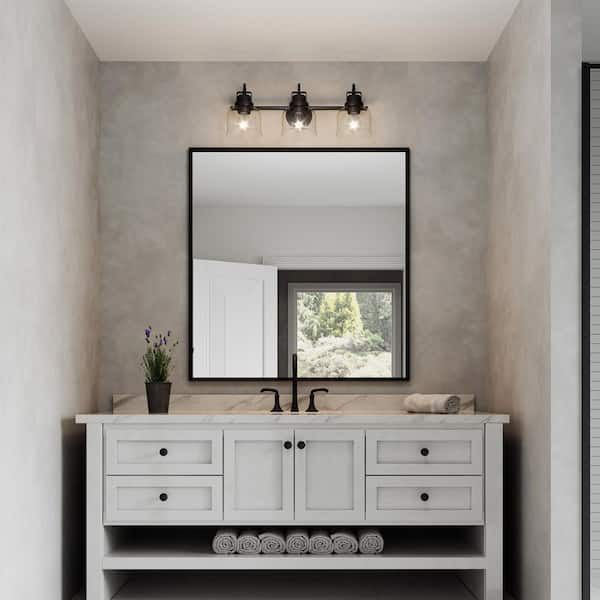 Brighton 24 in. 3-Light Black Bath Vanity Light with Glass Shade