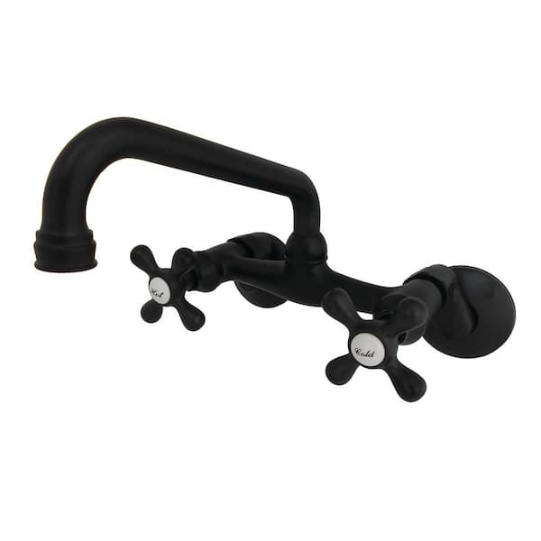 Kingston Brass Low Spout Adjustable Center 2-Handle Wall-Mount Standard Kitchen Faucet in Matte Black
