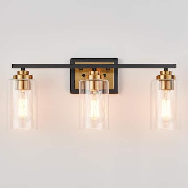 KAWOTI 22 in. 3-Light Black and Brass Vanity Light with Clear Glass Shade