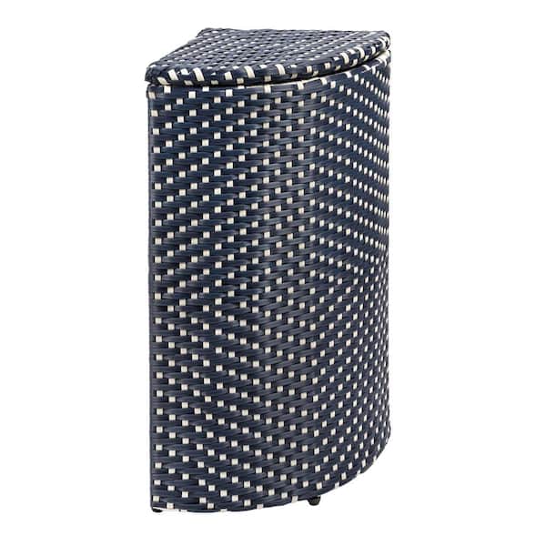 Chloe 15.56 Gal. All-Weather Wicker/Metal Corner Lid Hideaway Outdoor Trash Can, Navy/White