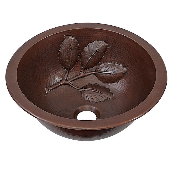 SINKOLOGY Newton 14 in. Undemrount or Drop-In Solid Copper Bathroom Sink with Leaf Design in Aged Copper
