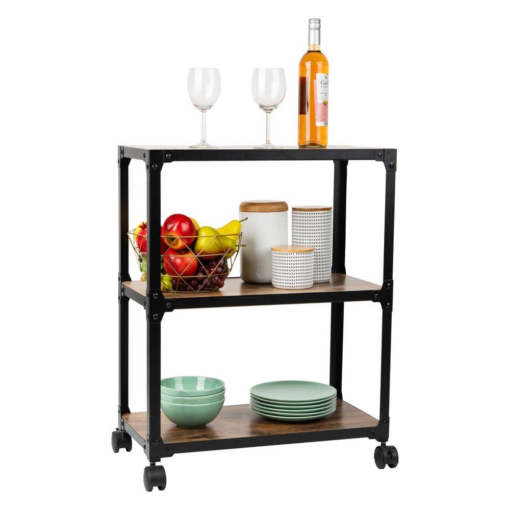 Elegant Black Metal 3-Tier Rolling Storage Cart with Wood Shelves