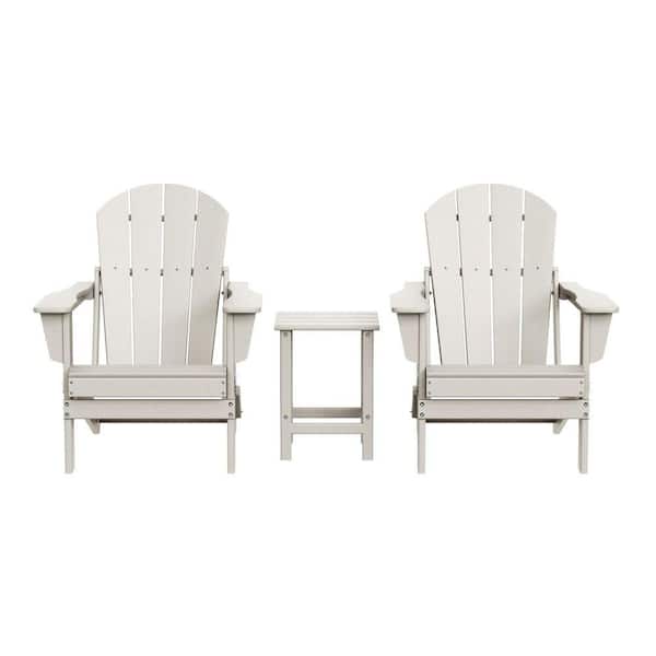 Laguna 3-Piece Fade Resistant Outdoor Patio HDPE Poly Plastic Folding Adirondack Chair Set with Side Table in Sand