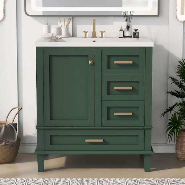 Ami 30 in. W Green Freestanding With White Resin Top Bathroom Vanity Cabinet With 3 Drawers