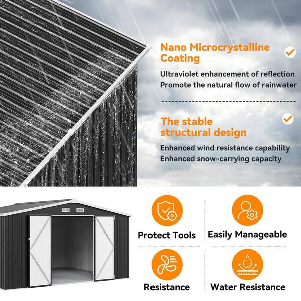 Sizzim 12 ft. W x 10 ft. D Outdoor Black Metal Storage Shed with 4