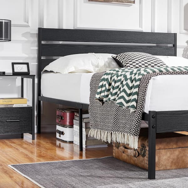 Queen Bed Frame Black Metal Frame Queen Platform Bed w/Modern Wood Headboard Easy Assembly/No-Slip/No Noise, 62.1 in. W