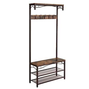 Brown and Black Metal Framed Coat Rack with Wooden Bench and 2-Mesh Shelves
