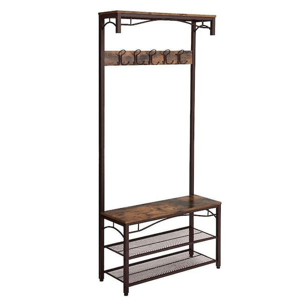 Benjara Brown and Black Metal Framed Coat Rack with Wooden Bench and 2-Mesh Shelves