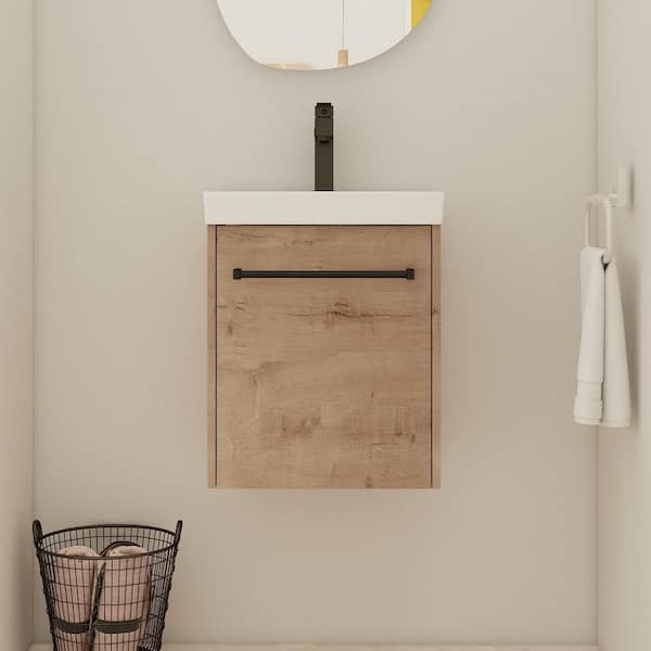 Ziyudura 18 in. Single Sink Floating Oak Bath Vanity with White Ceramic Top (Assembled), Soft-Close Doors and Handle Design