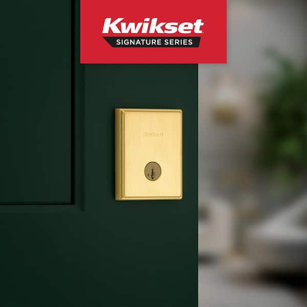 Crosstown Satin Brass Single Cylinder Low Profile Rectangle Keyed Door Deadbolt Featuring SmartKey Security