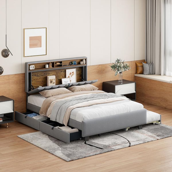Harper & Bright Designs Gray Wood Frame Queen Linen Fabric Platform Bed with Storage Headboard, Twin XL Trundle, Drawers, Sockets and USB Ports
