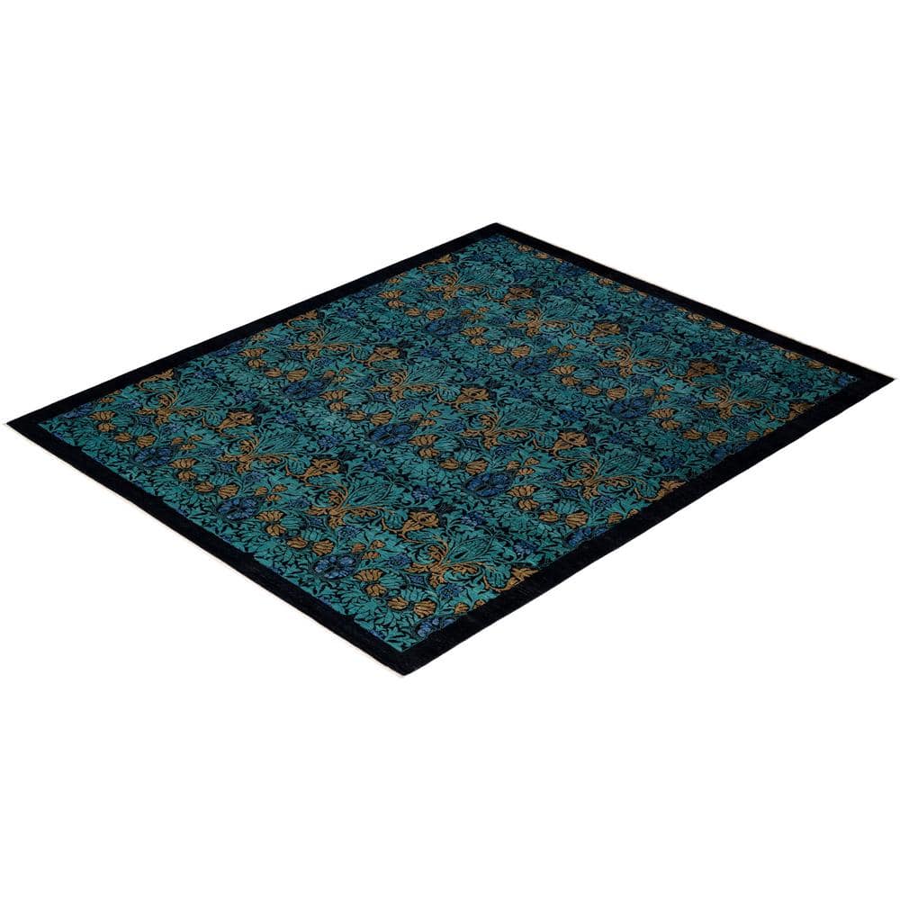 Hand-Knotted Black Floral Wool Rectangular Area Rug 8' x 10'