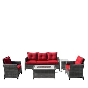 Emily 5-Piece Wicker Patio Gas Fire Pit Conversation Set with Red Cushions