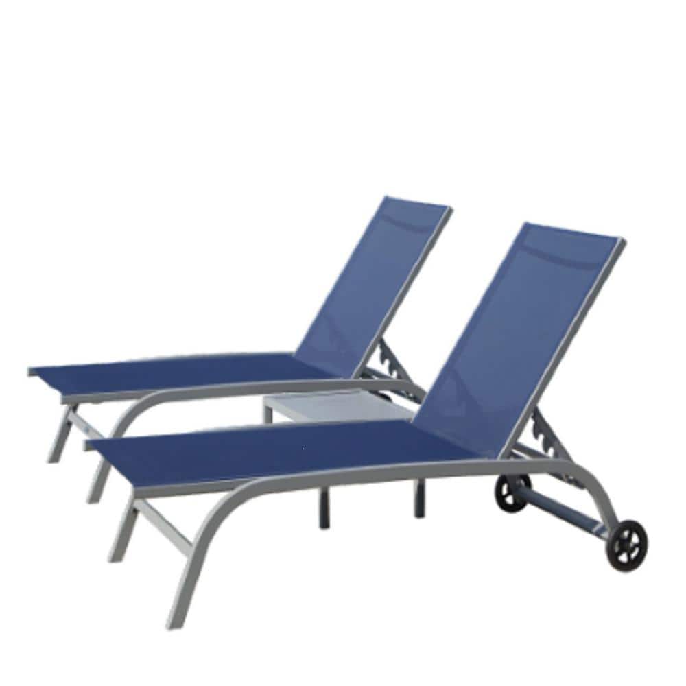 Blue 3-Piece Metal Chaise Lounge Outdoor Lounge Chairs with 5 Adjustable Po