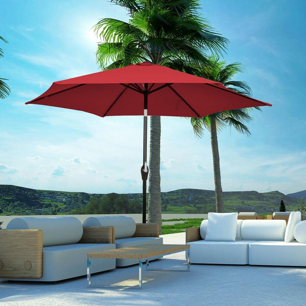 Red 9ft Steel Frame Outdoor Patio Umbrella with Crank
