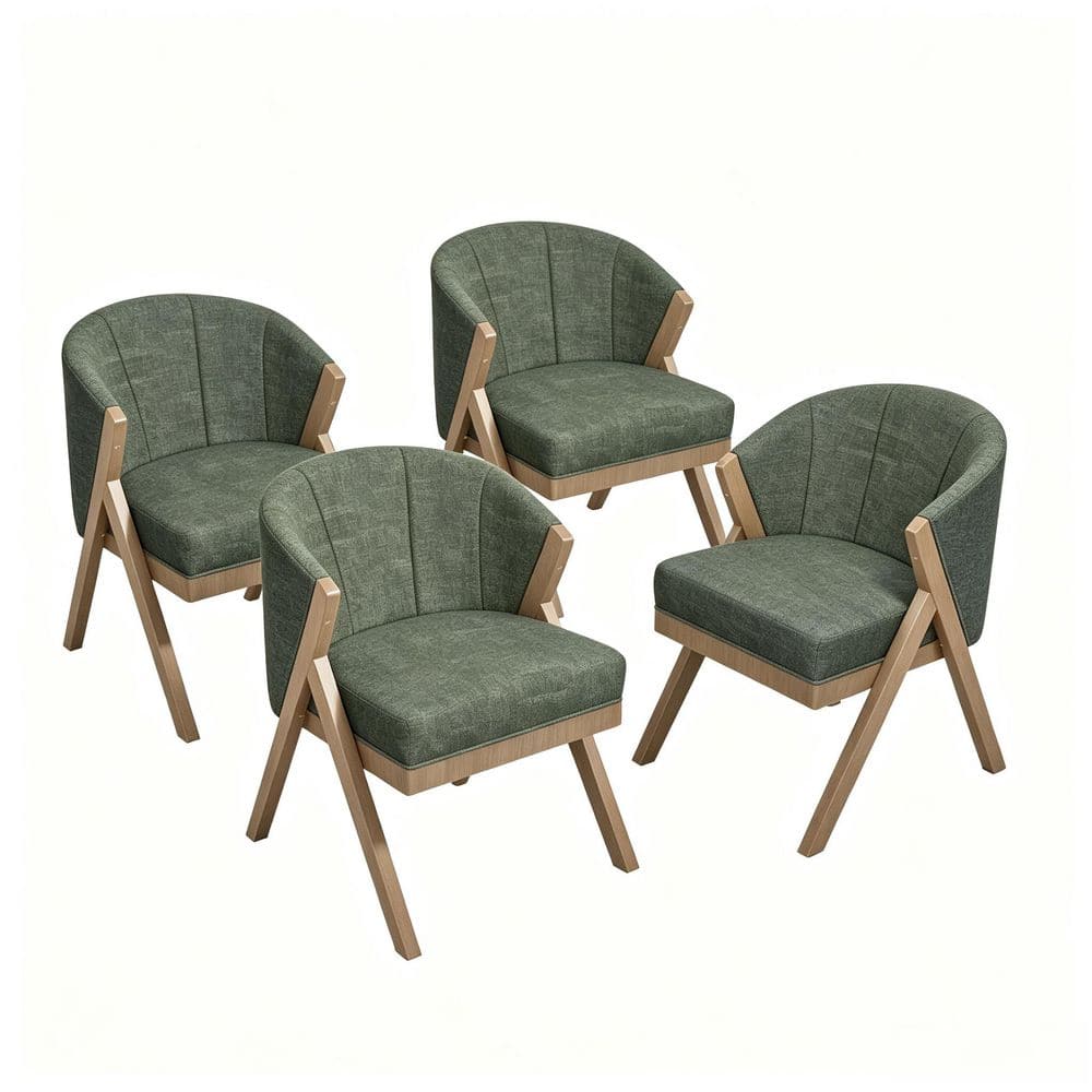 Green Chenille Upholstered Barrel Accent Arm Chair with Plush Cushion and Wood Frame for Living Room Bedroom (Set of 4)