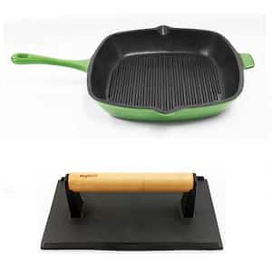 Neo 11 in. Cast Iron Grill Pan in Green with Bacon Press