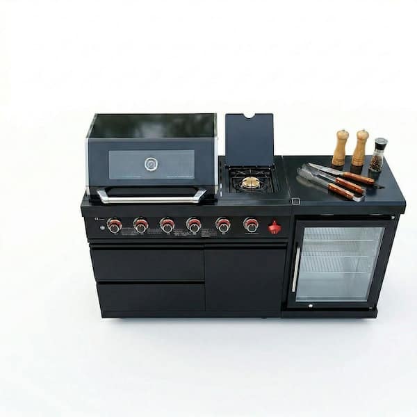 4-Burner Propane Outdoor Kitchen Grill Island with Refrigerator, Rotisserie and Granite Top in Stainless Steel