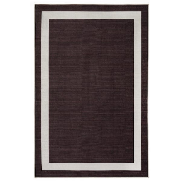 Everest Brown Creme 9 ft. x 12 ft. Machine Washable Geometric Modern Border Polyester Non-Slip Backing Area Rug