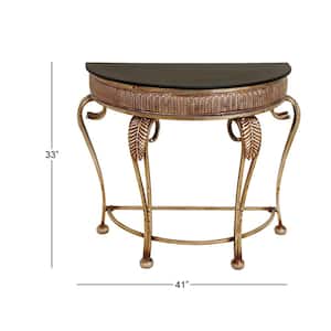 41 in. Gold Extra Large Half Moon Metal Embossed Leaf Console Table with Ornate Scroll Legs
