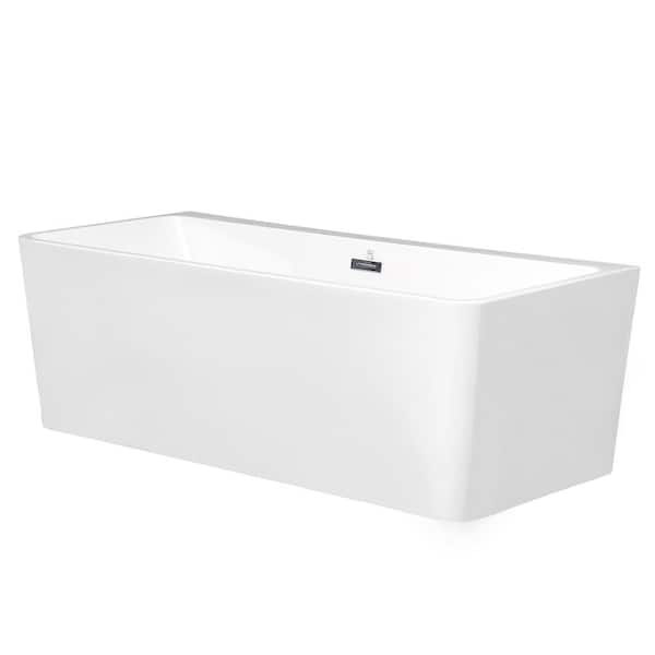 Tileon 67 in. Acrylic Alcove Flatbottom Soaking Bathtub in White with Brass Drain and Stainless Overflow, Rectangular