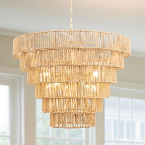 70.0 in. Farmhouse 12-Light Boho Gold Drum Chandelier with 5