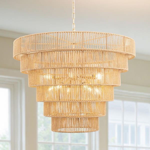 70.0 in. Farmhouse 12-Light Boho Gold Drum Chandelier with 5-Tier Design Rattan Shades, No Light Bulbs Included