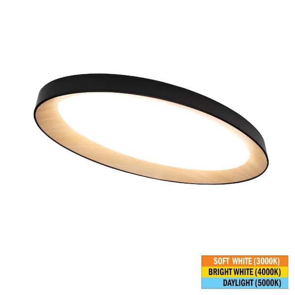 32 in. Matte Black White Oak Interior Oval LED Flush Mount Ceiling Light 3000 Lumens 42W Adjustable CCT Dimmable