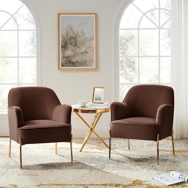 Nora Modern Auburn Velvet Accent Arm Chair Set of 2 with Gold Metal Legs