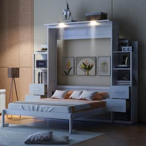 White Wood Frame Queen Size Murphy Bed, Wall Bed with Shelves, 4-Drawer and LED Lights