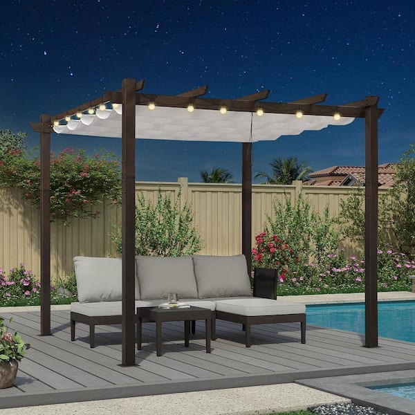 10 ft. x 10 ft. Bronze Aluminum Frame Morden Pergola with White Retractable Sun Shade Canopy and String Lights