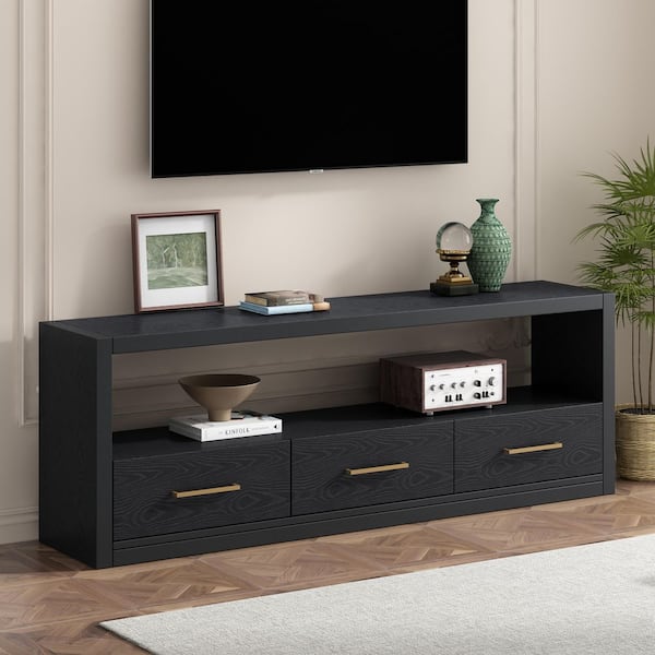CHRISTOPHER KNIGHT HOME Rumi Modern Black MDF TV Stand Fits TV's up to 79 in. Entertainment Center with 3-Drawers, Metal Handles, Open Storage