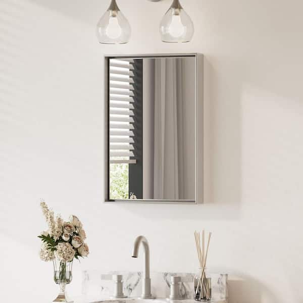 KeonJinn 16 in. W x 24 in. H Rectangular Aluminum Square Corner Framed Wall Mount Bathroom Vanity Mirror in Brushed Silver