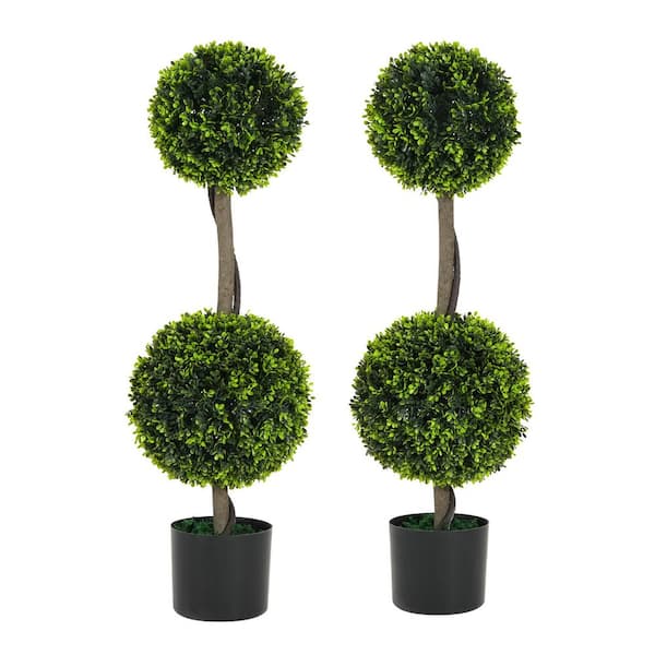 Stilwell 2.79 ft. Indoor Green Artificial Topiary Boxwood Tree Double Ball With Black Plastic Pot, (Set-2)