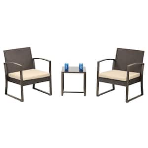 3-Piece Wicker Patio Conversation Set Coffee Table and 2 Rattan Chair with Beige Cushions