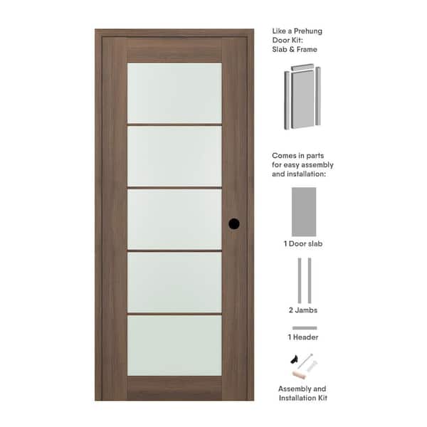 Belldinni 28 in. x 96 in. Vona Left-Hand Solid Composite Core 5-Lite Frosted Glass Pecan Nutwood Wood Single Prehung Interior Door